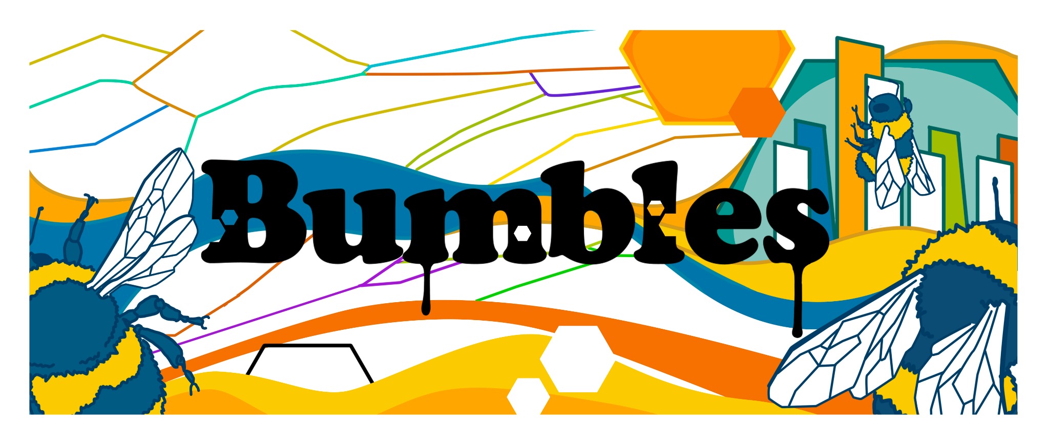 Bumbles — the original colorful banner with bees and flowing blue, yellow, orange, and green artwork